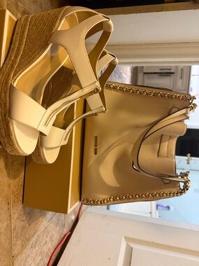 Michael Kors Cream Leather Tote with Espadrille Wedge Sandals